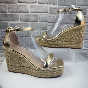Stuart Weitzman Nudist Women Size 8 C Gold Metallic Wedge Espadrille Sandals